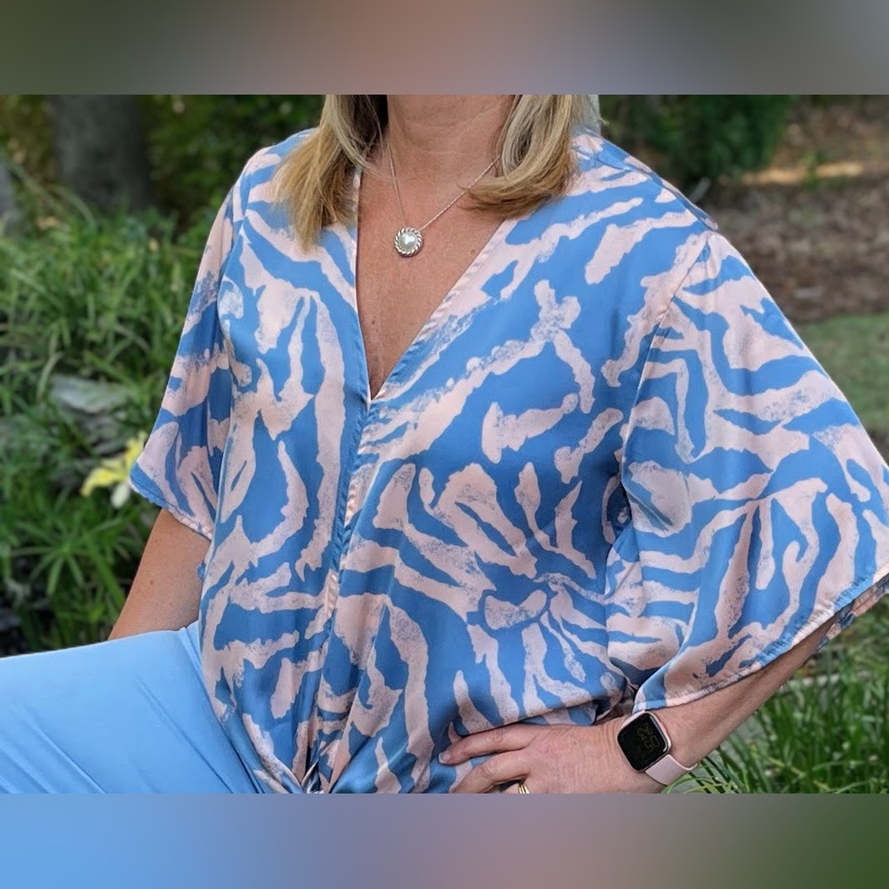Adrienne Pink and Blue Gigi Zebra Print Tie Front Blouse
